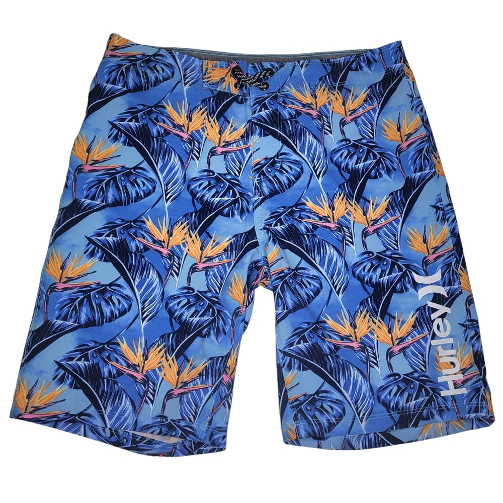 Hurley Mens Board Shorts Size 30 Small Swim Trunks Blue Orange Birds of Paradise